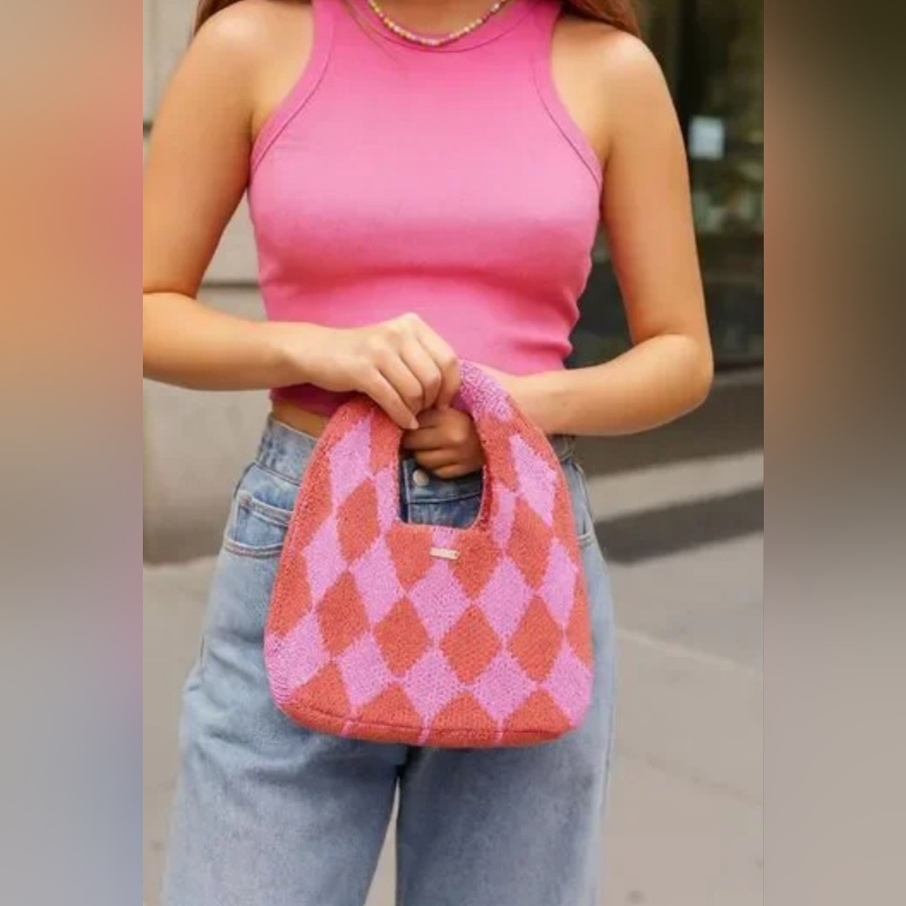 Kopari Pink & Coral Diamond Knit Tote Bag - Fashion Handbag